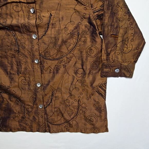 Vintage Bleu Bayou Silk Shirt Embroidered Small Brown Beaded Blouse 90s - Picture 3 of 14